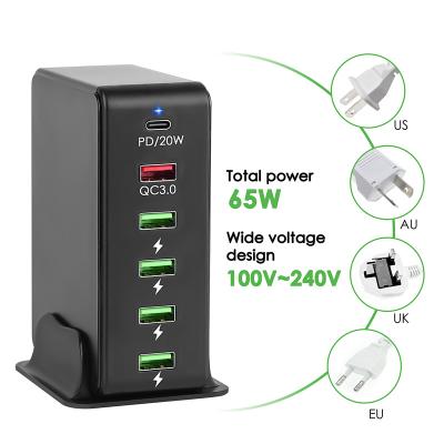 China Mobile Phone 65W multi usb Type c PD 20W fast mobile phone charger QC 3.0 quick charge 6 ports cellphone charging dock station for sale