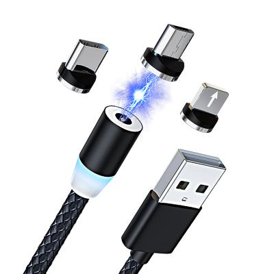 China 3 in 1 Magnetic Charging Cable 360 Degree LED Black Nylon Braided 3 IN 1 USB Magnetic Charging Cable For Mobile Phone for sale