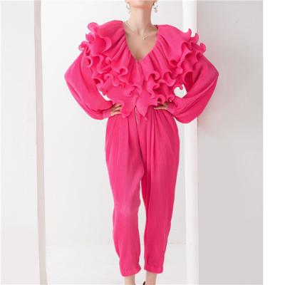 China 9321 Heavy Work Three-Layer Full Lace V-Neck Lantern Sleeve Breathable Pleated Loose Drawstring Overalls for sale