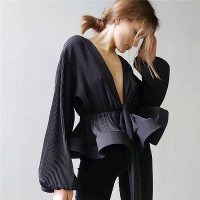 China 2022 Women's Long Sleeve Breathable Deep V Neck Sexy Pleated Bow Casual Shirt for sale