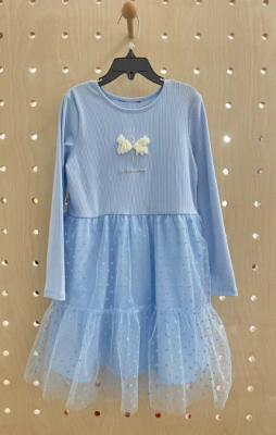 China cute babyblue flocking-mesh kids long sleeve bubble dress for sale