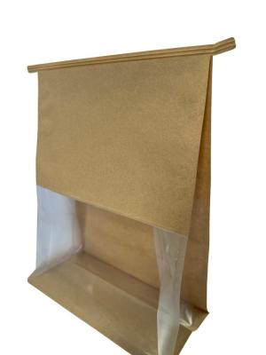 China Papel marrón de bajo olor Bolsa de fondo plana con ventana personalizada y corbata de hojalata en venta