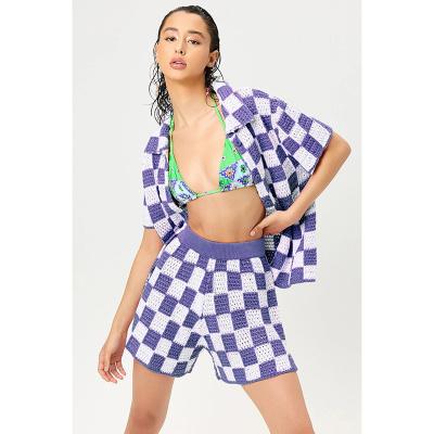 China Anti-Wrinkle Summer Casual Women's Shorts Beach Wear Plaid Shirt Knit Top Loose Mini Shorts Knit Sweater Two Piece Set For Women for sale