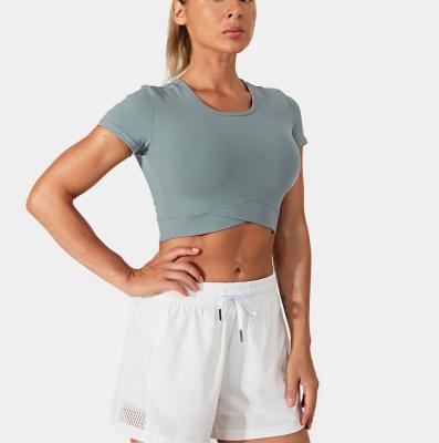 China Women's Breathable Activewear Crossover Edge Short Sleeve T-Shirt Crop Top for sale
