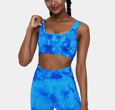 China Breathable Full Length Gaiters And Waisted Bra Set Low Button Front Tie-Dye Ribbed Sports Bra Support for sale