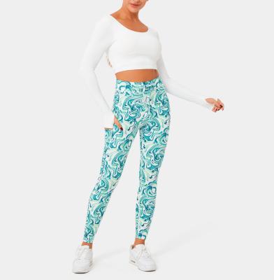 China Colorful Marble Printing High Waisted Drawstring Side Pocket Full Length Fitness Gaiters Breathable Yoga Pants For Women for sale