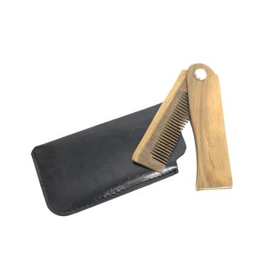 China Wooden Travel Green Sandalwood Comb and Pocket Leather Folding Beard Comb for sale