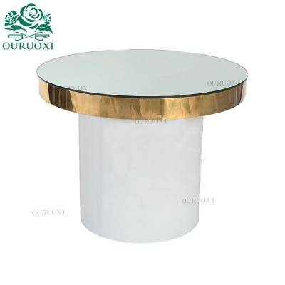 China White Round Stainless Steel Mirror Gold Bar Table Base Wedding Glass Top Cake Table for sale