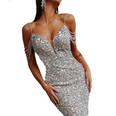 China Anti-Static Slip Mini Party Dress For Women Party Dress Bodycon Sexy Shiny Clothing Beading Elegant Club Dresses Women Evening for sale