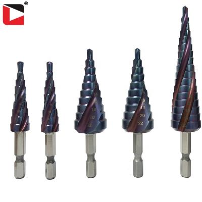 China Aluminum Nano-Blue High Speed Steel Spiral Groove Sheet Step Drill Bit for sale