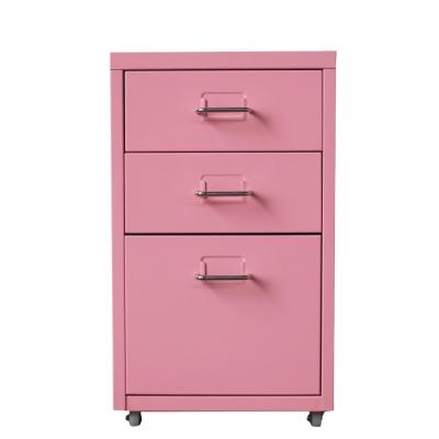China Knock Down Table Modern Cabinet Pink Office Filing Cabinet Physical Channels 3 Drawer Steel Movable Storage Cabinets for sale