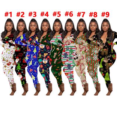 China LANOZY QUICK DRY 2021 Women One Piece Jumpsuits Deep V-Neck Print Pattern Christmas Winter Autumn Long Plus Size Overalls And Romper for sale