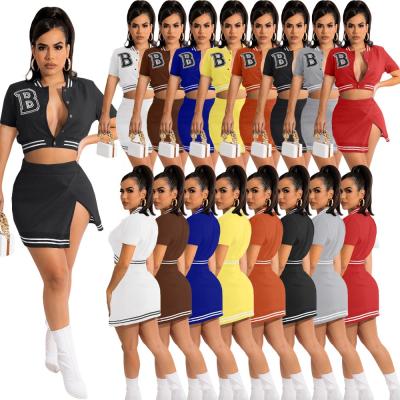 China LANOZY 2022 Waterproof Warm Letter Printing Single Breasted Baseball Uniform Teams Women Mini Skirt And Short Sleeves Coat 2 Piece Skirt Set for sale