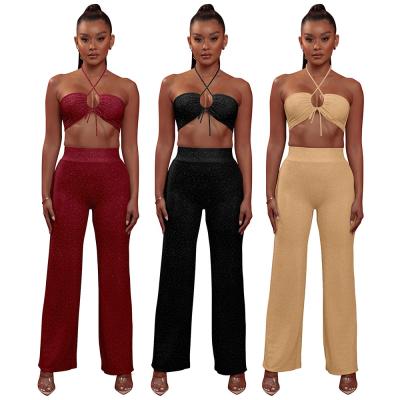 China LANOZY Summer New Glitter Waterproof Wholesale Silk Bandage Strapless Top Wide Leg Pants Women's Clothing Pants Two Piece Set for sale