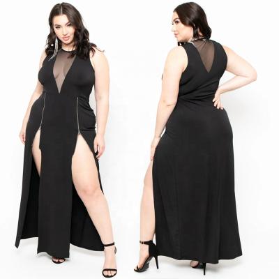 China LANOZY 2022 New Summer Women's Double Zippers Patchwork Mesh XL-5XL Prom Party Viable Black Sleeveless Split Dress Plus Size Maxi Dress for sale