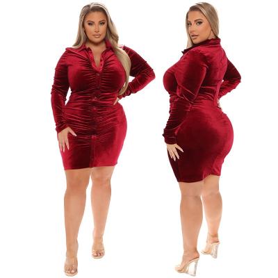 China LANOZY 5XL Breathable Fat Woman Plus Bodycon Dress Collar Shirt Waist Long Sleeve Korean Velvet Short Red Cardigan Skirt Plus Size Dress for sale