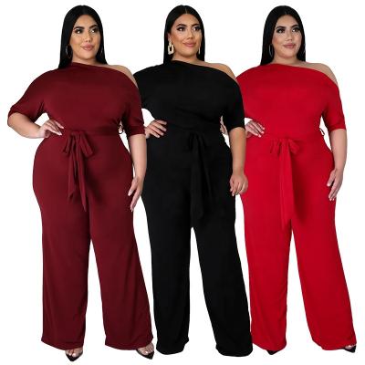 China Fashionable Slope Shoulder Anti-wrinkle LANOZY Summer Solid Color Wide Leg Pants Plus Size Overalls for sale