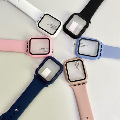 China Tempered Glass+Silicone Band+ Matte Case 2 in 1 Silicone Apple Watch Band and Case for Apple Watch All Series 1 2 3 4 5 6 for sale