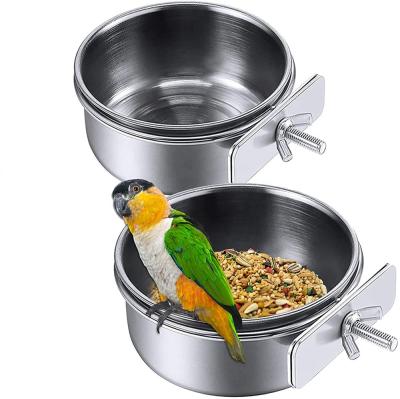 China Non-automatic Bird Parrot Feeding Cups Cage Hanging Bowl Stainless Steel Perches Toy Rack With Clamp Bird Cage Cups Seed Water Food Dish for sale