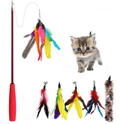 China Cat Toys retractable viable 6 feathers to replace the head for teasing random colors of new pet cat sticks kit toys factory for sale