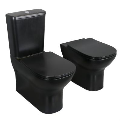 China Double-Flow Newly Designed Sanitary WC Two Piece Bathroom Toilet Rack Floor Ware Matte Black Toilet Set for sale