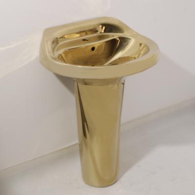 China Modern Design Luxury Bathroom Gold Plating Floor Stand Sink Pedestal Ceramic Wash Basin for sale