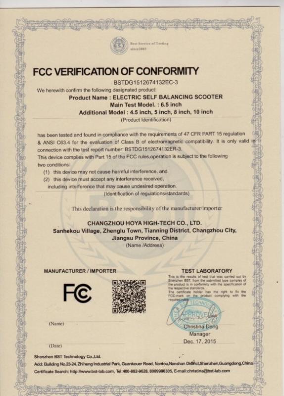 FCC certifictae - Jiangsu Xingyao Motor Co.Ltd