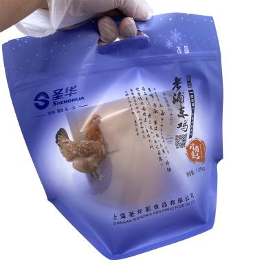 China Custom Printed ISO9001 Barrier Food Grade Plastic Bag Maker Holder Zipper Food Packaging Pouch With Handle For Chicken Duck for sale