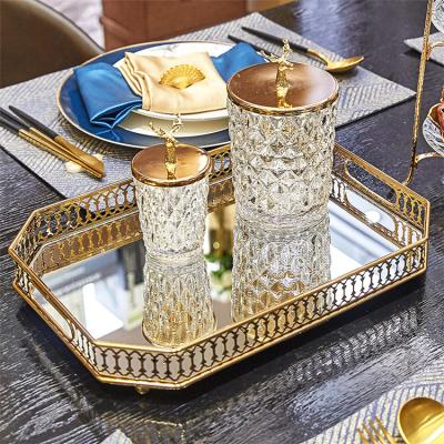 China Durable European Style Lightweight Luxury Ornaments Mirror Metal Bottom Tray Plated Iron Glass Home Storage Tray for sale