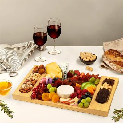 China Custom Large Stocked Rectangular Bamboo Wooden Tray Cutting Board Charcuterie Board Food Serving Tray for sale