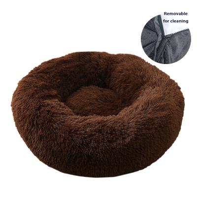 China Viable Wholesale New Style Non-slip Warm Machine Wash Long Faux Fur Round Plush Dog Cat Bed for sale