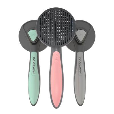 China Viable Color Box Packing Pet Fur Hair Remover Grooming Deshedding Blade Brush Comb With Self Cleaning Button for sale