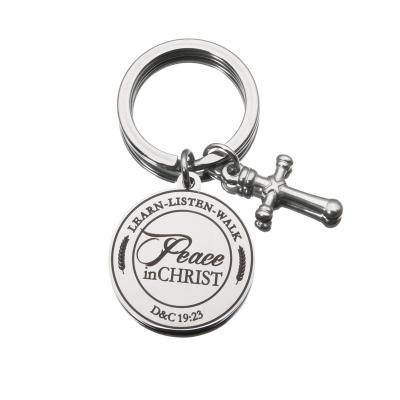 China custom christian jewelry 1pcs hymn key chain peace in christ304 stainless steel jewelry key ring with cross pendant for sale