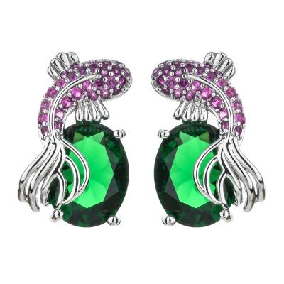 China Fashion temperament 925 silver earrings simple geometric green koi ladies goldfish micro-set color zircon earrings CLASSIC 2022 new for sale