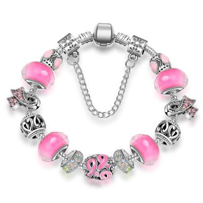 China New CLASSIC Antique Silver Beaded Bracelets Women Murano Glass Crystal Breast Cancer Awareness Pink Bead Ribbon Charm Bracelet for sale