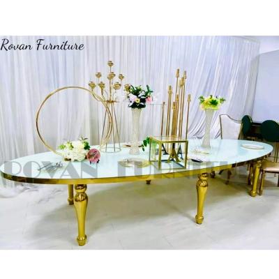 China Elegant Style Gold Stainless Steel Modern Hot Sale Glass Top Oval Dining Table For Wedding Used for sale