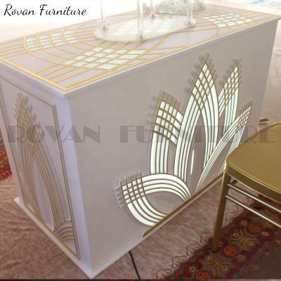 China Modern Luxury Rectangular Design Gold Flower PVC White Acrylic Wedding Table With Lights For Event Used for sale