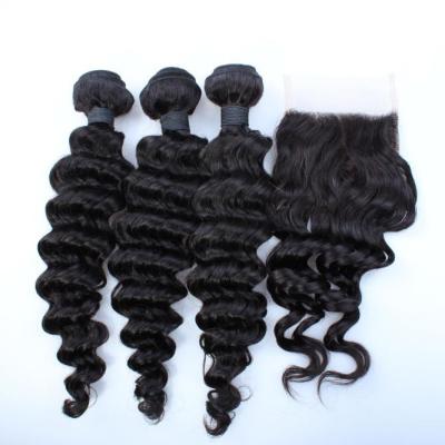 China Malaysian Deep Wave Closure Malaysian Curly Hair Virgin Hair Bundles With Lace Closure for sale