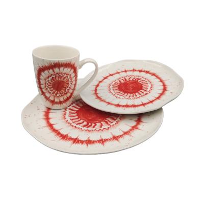 China Disposable Food Safe Custom Printed Red Flower Ceramic Dining Dishes Sets Irregular Dishes For Sale for sale