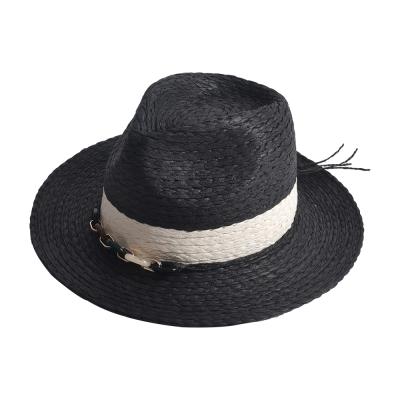 China 2021 New High Quality Striped Paper Braid Straw Hat Summer Beach Straw Panama Hat For Men With Ribbon for sale