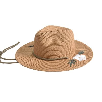 China New Design Wide Brim Straw Felted Hat Barred Hat Embroidered Summer Beach Straw Panama Hats With Ribbon for sale