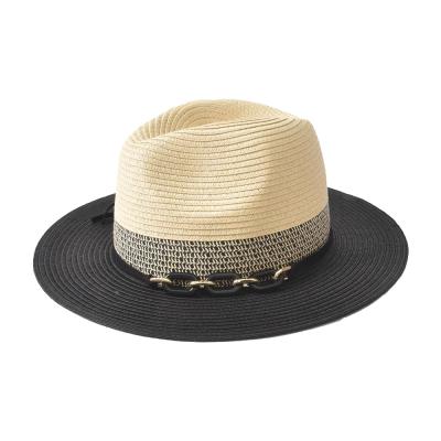 China New Design Striped Straw Hat Summer Beach With Metal Buckle Ribbon Plastic Straw Panama Hat for sale