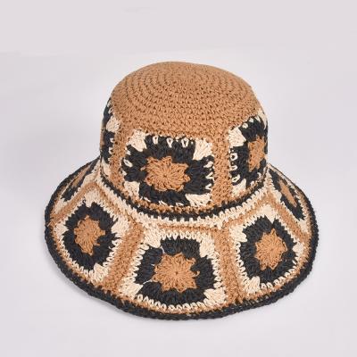 China New Fashion Designer Image 2022 High Quality Raffia Crochet Straw Bucket Hats Simple Dyed Straw Hat for sale