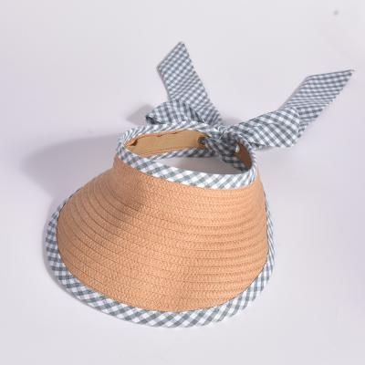 China 2022 New High Quality Character Lady Visor Folding Straw Hats Lattice Adjustable Ribbon Bow Ribbon Decoration Visor Hats for sale