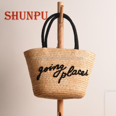 China Other High Quality Portable Wheat Straw Embroidered Beach Tote Straw Bag for sale