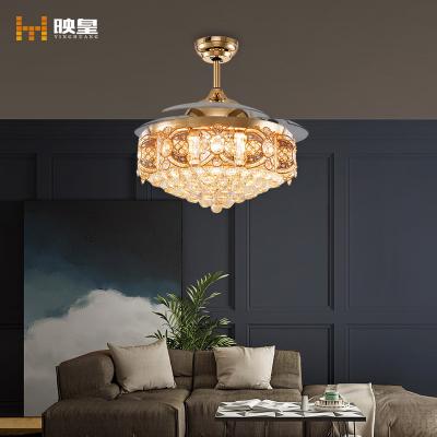 China Intelligent Control 42/52 Inch Crystal Invisible Retractable Fan Lamp Remote Fan Chandelier Ceiling Mount With Light for sale