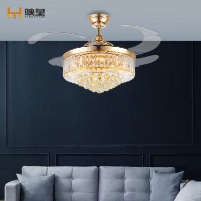 China Intelligent Luxury DC Motor LED Crystal Chandelier Reversible Bldc Control Retractable Ceiling Fan With Light for sale