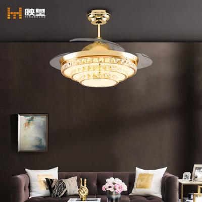 China Modern 42 Inch Crystal Ceiling Lights Luxury Remote Retractable Invisible LED Fan With Fans for sale