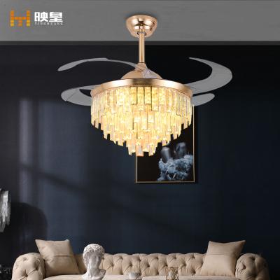 China Luxury Crystal Gold Retractable Chandelier Reversible Invisible Intelligent Control Ceiling Fan with Light for sale