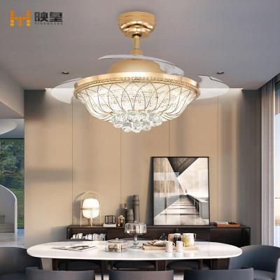 China Modern Luxury Crystal Chandelier Remote Control Indoor LED Fan Retractable Ceiling Lights with Fans for sale